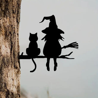 Metal Witch & Cat Silhouette Garden Decor