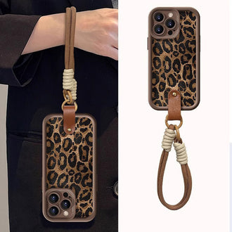 Leopard Print Phone Case with Lanyard for iPhone 16 Series