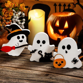Lot de 3 décorations fantômes en bois pour Halloween