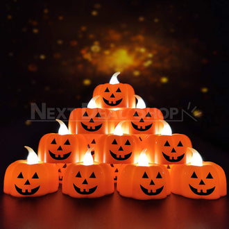 12 pezzi - Candele tremolanti a forma di zucca LED senza fiamma di Halloween