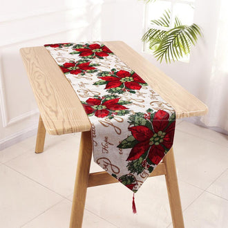 Caminho de mesa decorativo em mistura de linho com borlas