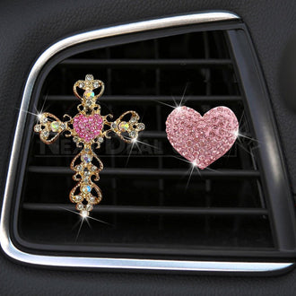 2 pezzi - Deodorante per auto con cuore e croce con strass