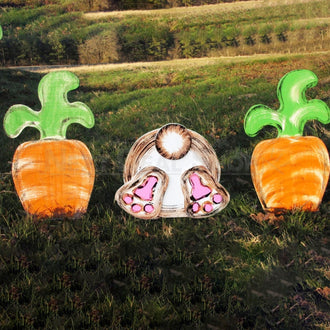 Decoración grande de estaca de jardín con conejitos y zanahorias