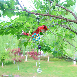 Acchiappasole in cristallo appeso con passero rosso in vetro colorato e ferro