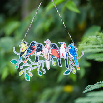 Uccelli multicolori su un acchiappasole in filo